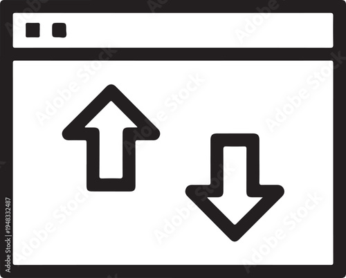 A black and white line icon depicting a browser window with upload and download arrows