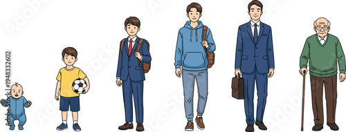 Human life stages from baby child student teenager adult businessman to elderly man aging progression vector illustration
