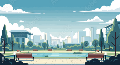 A tranquil park scene with a serene pond and modern buildings in the background