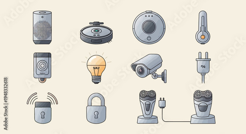 Icons depicting smart home devices, electronics, and personal care gadgets