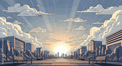 Sunbeams pierce dramatic clouds over a city street lined with buildings, trees, and benches