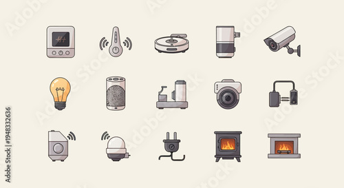 A grid of illustrated smart home devices, including cameras, a lightbulb, and heating elements