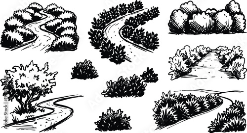 Pen and ink line art winding path and bush landscape set with hand drawn sketchy strokes and varied angles views