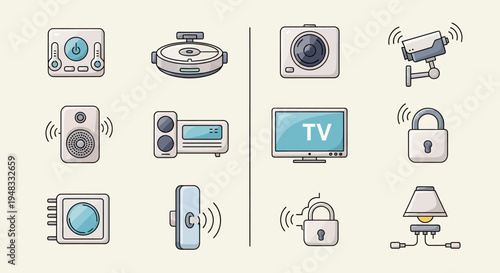 Diverse smart home devices depicted with clean lines and pastel colors