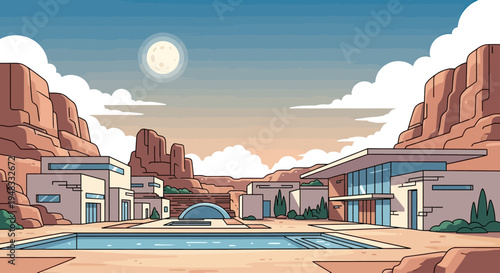 Modern desert oasis with large pool and rock formations under a bright full moon