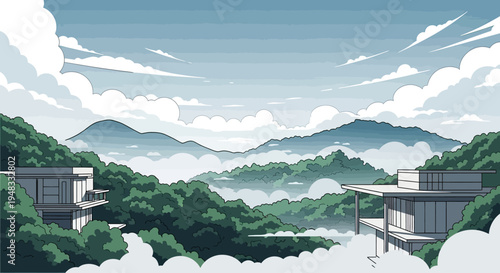 Overcast sky above lush green mountains and modern homes