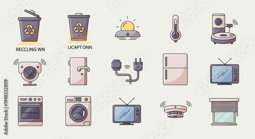 Collection of flat icons representing smart home devices and appliances