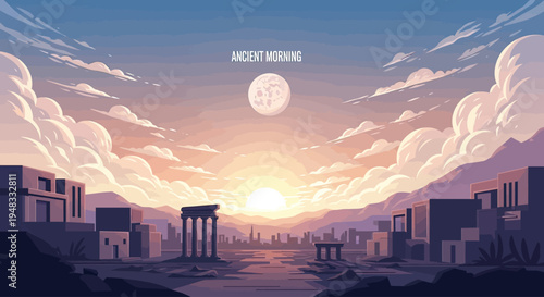 Ancient ruins bathed in soft morning light, with mountains and a city skyline