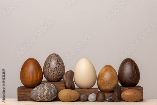 Collection of Wooden and Stone Easter Eggs Displayed on Wooden Blocks on Gray Background