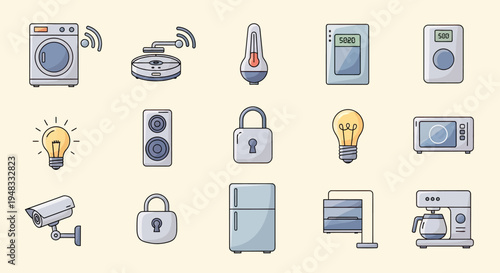 Flat icons of smart home appliances and devices