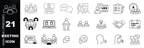 corporate meeting icon set. Symbols for meeting, seminar, online conference, schedule, teamwork, and office presentation in flat blue style.