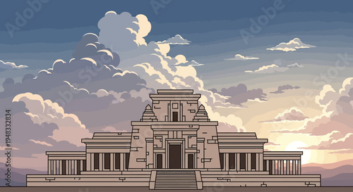 Stone temple with tiered roof against a dramatic sunset sky