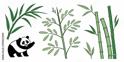 a panda bear standing next to bamboo plants Vector