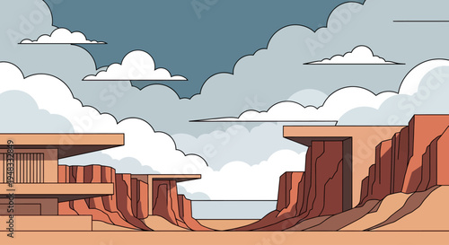 Modern desert structures perched on red cliffs under a cloudy sky