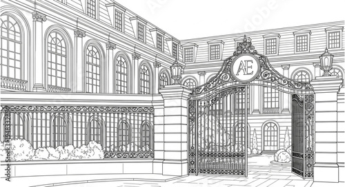 Detailed Architectural Drawing of a Grand Building and Gate.
