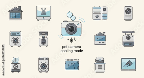 Set of cartoon icons depicting various pet care devices and a camera with ice cubes