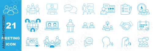 corporate meeting icon set. Symbols for meeting, seminar, online conference, schedule, teamwork, and office presentation in flat blue style.