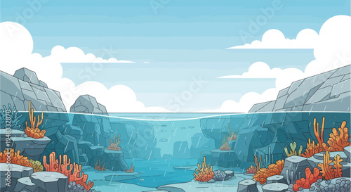 Split view of a cloudy sky above a rocky underwater landscape teeming with coral