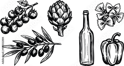 Line art close up food arrangement with olive branch artichoke tomatoes bottle pasta and bell pepper top view hand drawn
