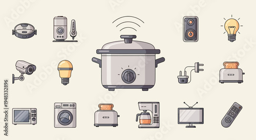 Assortment of home appliances and smart devices, depicted in a clean, flat vector style