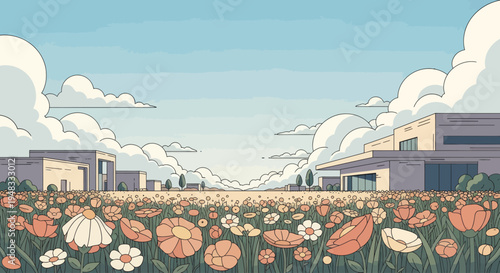 Stylized field of flowers in bloom with modern buildings under a cloudy blue sky