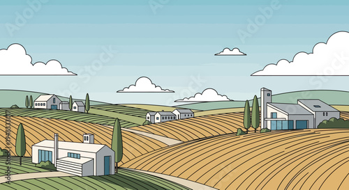 Rolling hills, fields, and homes under a blue sky with clouds