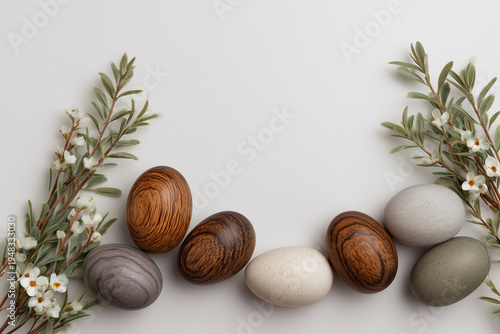Wooden and Stone-Textured Easter Eggs with White Flower Branches on White Background