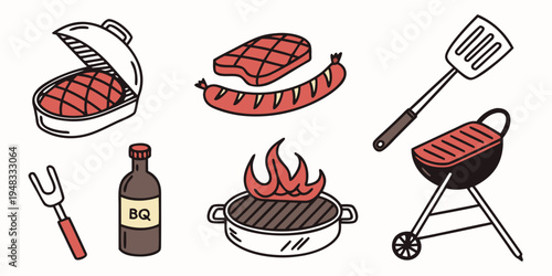 a collection of barbecue items including grill and food Vector