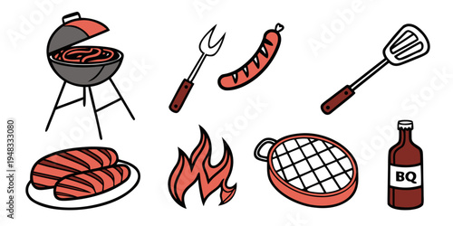 a collection of barbecue items including grill and sausages Vector