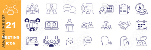 corporate meeting icon set. Symbols for meeting, seminar, online conference, schedule, teamwork, and office presentation in flat blue style.