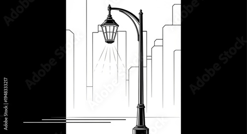Vintage Street Lamp Illuminating a Cityscape in Black and White.
