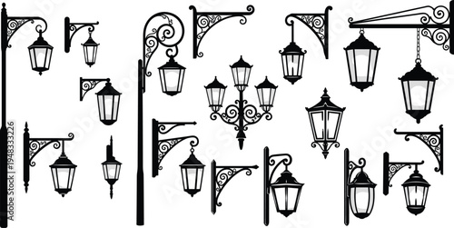 Collection of ornate vintage street lamps and lantern silhouettes, showcasing decorative ironwork, historical lighting designs, urban architecture inspiration, and classic outdoor illumination