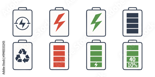 battery icons with different charge levels and states Vector
