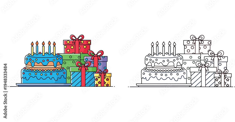 Fototapeta premium Colorful birthday cake with candles and gift boxes illustration alongside black and white outline version for children's coloring book page