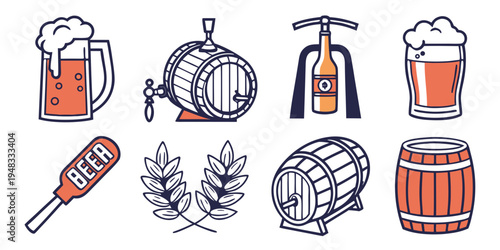 a collection of beer brewing and drinking related icons Vector