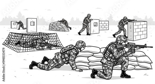 Military Training Exercise - Soldiers in Action on the Battlefield.