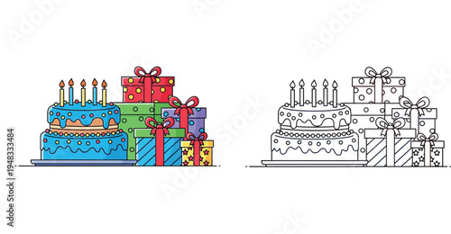 Colorful birthday cake with candles and gift boxes illustration alongside black and white outline version for children's coloring book page