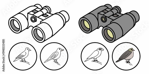 binoculars and various bird species icons Vector