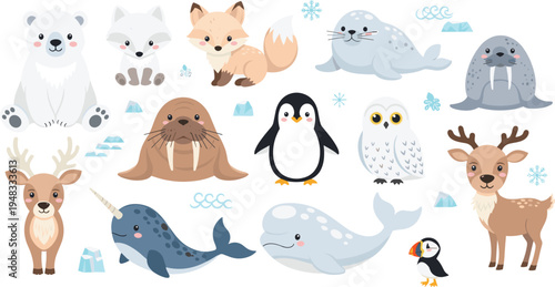 Cute Arctic Animals Vector Illustration Set Featuring Polar Bear, Seal, Walrus, Penguin, Owl, Deer, Whale, Narwhal, and Puffin for Winter Wildlife Designs.