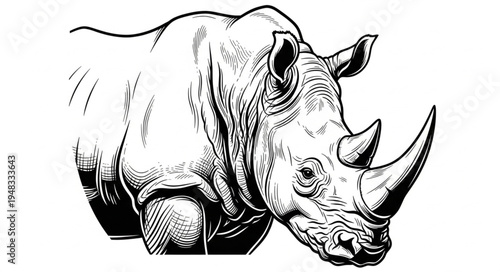 Detailed Black and White Illustration of a Rhinoceros Head and Upper Body.