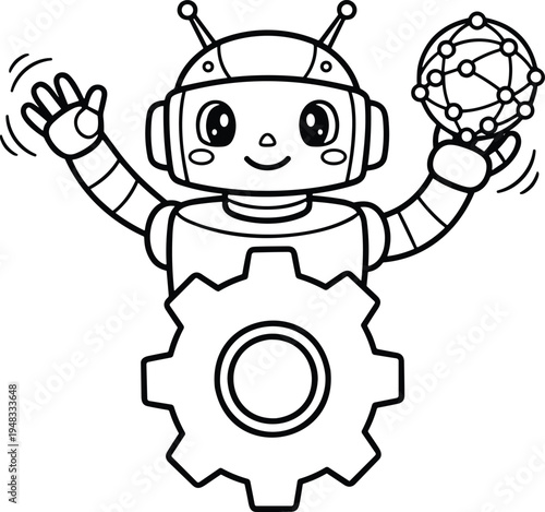 Cute waving robot character line art illustration featuring friendly android mascot for technology artificial intelligence and future automation.