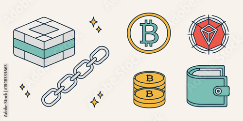 a collection of cryptocurrency and blockchain related icons Vector