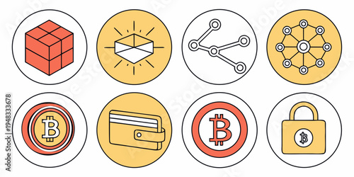 a collection of cryptocurrency and blockchain related icons Vector