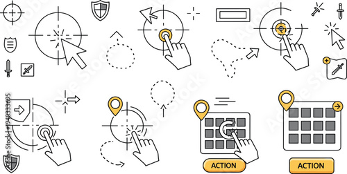 Cursor Target and Hand Click Interaction Icon Set with GPS Location, Action Buttons and Navigation Elements for UI UX Interface Design