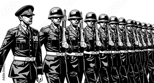 Monochrome depiction of soldiers marching in formation with rifles.