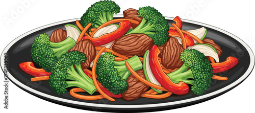 Stir fry vegetables with broccoli bell pepper carrot onion and mushrooms healthy food dish vector illustration