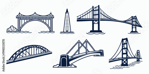 a collection of seven different bridge types Vector