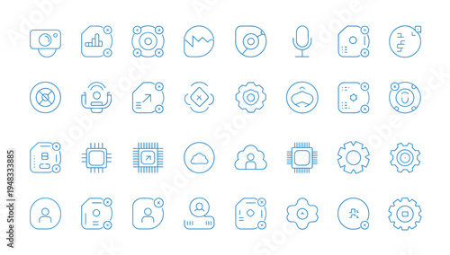 Vector icon set featuring 32 elements for technology, business, and data analysis, including gears and processors.