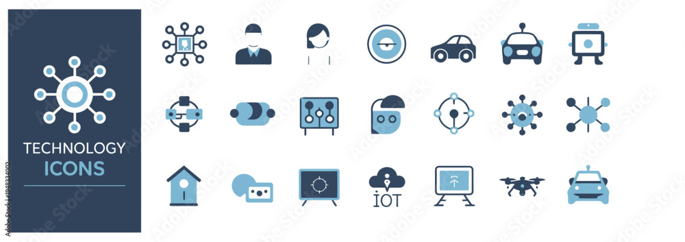 Obraz premium Collection of modern technology icons including AI, IoT, and autonomous vehicles.