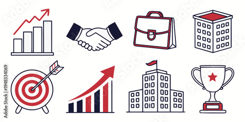 business icons set including graph, handshake, briefcase, building, target, and trophy Vector